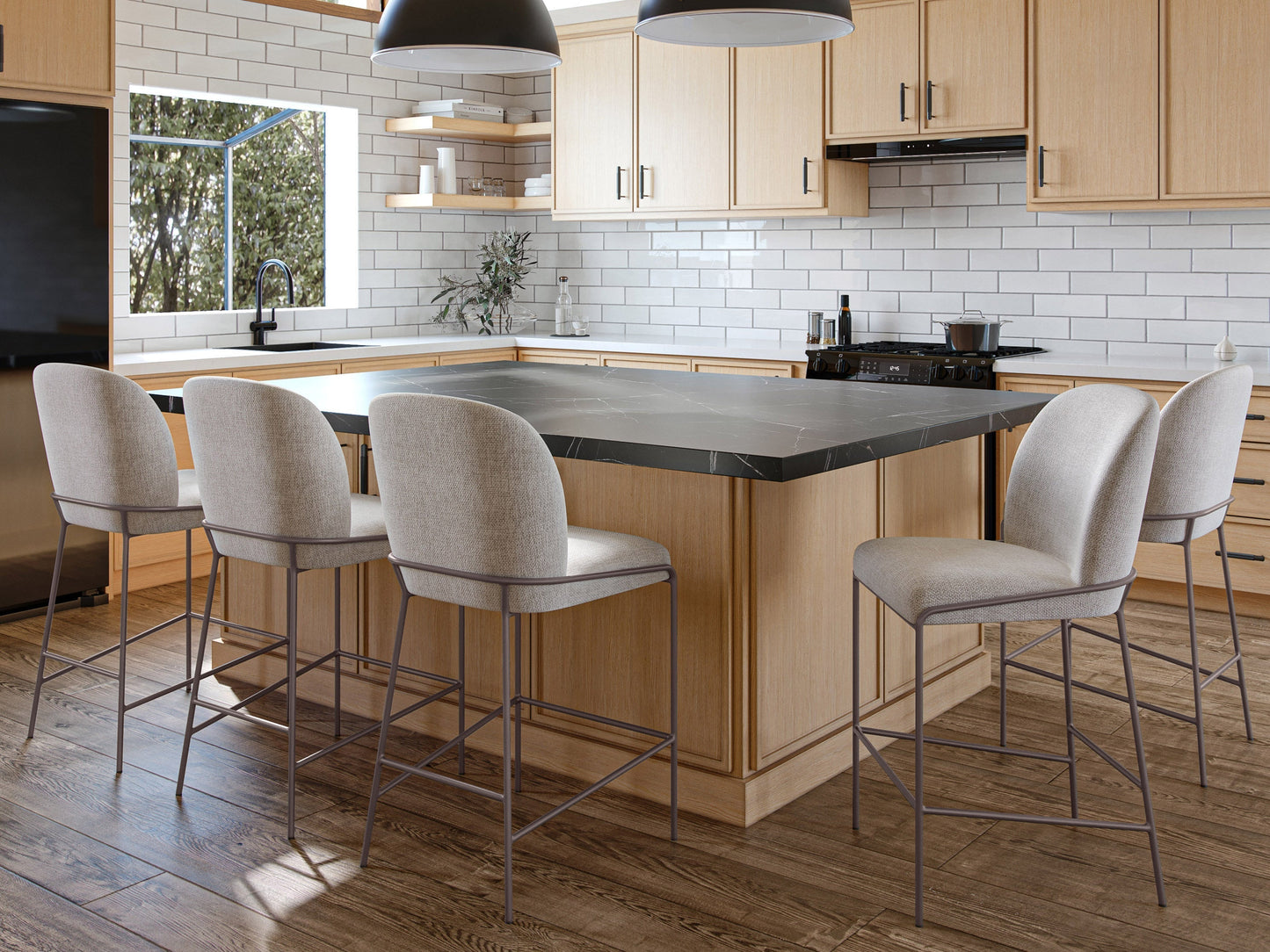 Light grey modern bar stool with wooden legs, upholstered seat, and backrest for kitchen or bar areas.