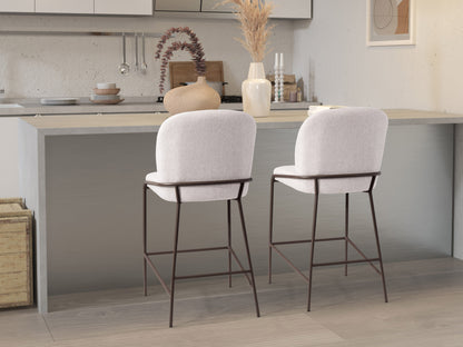 Light grey modern bar stool with fabric seat, wooden legs, and minimalist design.