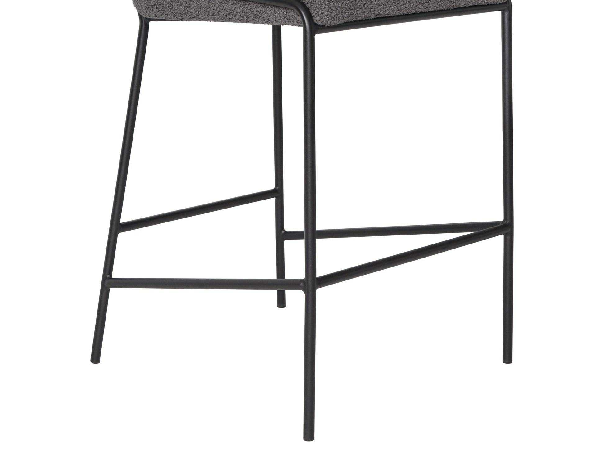 Grey boucle bar stool with wooden legs, cushioned seat, and backrest, modern design.