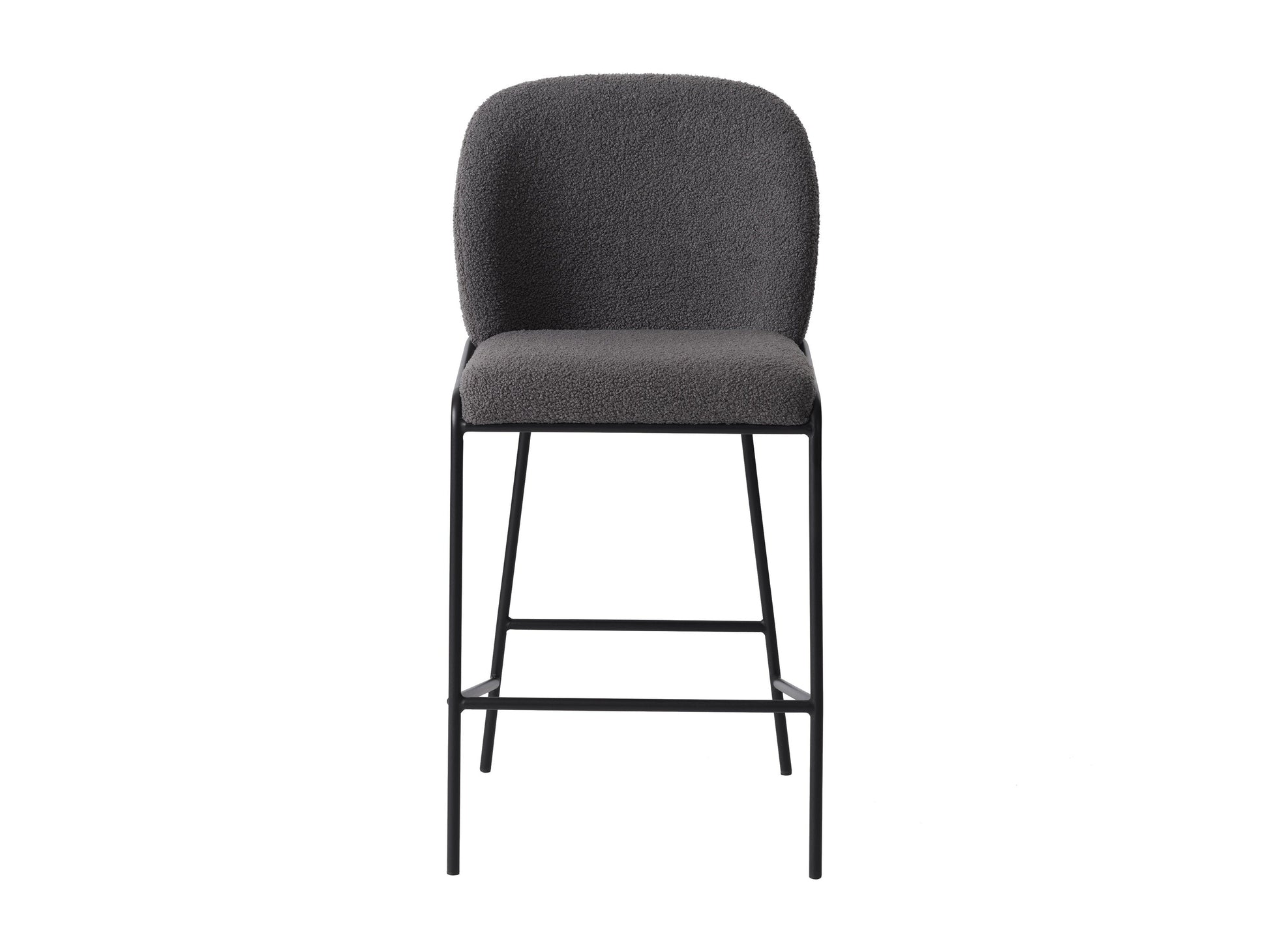 Grey boucle bar stool with curved backrest, wooden legs, and modern design.