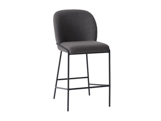 Grey boucle bar stool with wooden legs, curved backrest, and modern design.