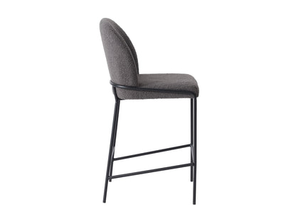 Grey boucle bar stool with wooden legs and curved backrest, modern design, perfect for kitchen islands or home bars.