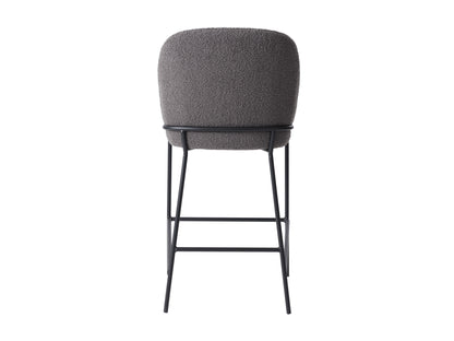 Grey boucle bar stool with wooden legs, cushioned seat, and backrest, mid-century modern design.