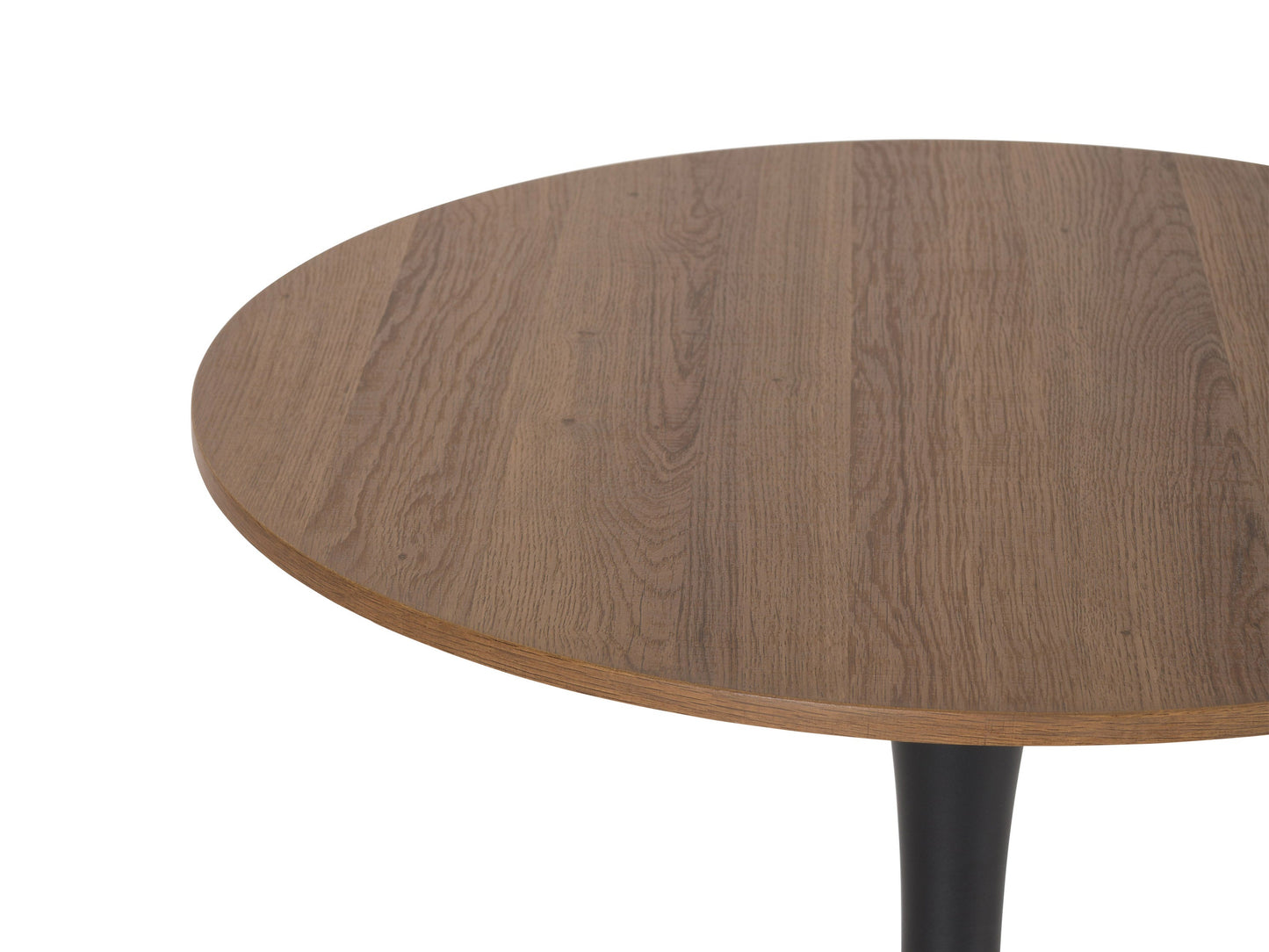 Round brown bistro dining table with wooden top and black metal pedestal base.