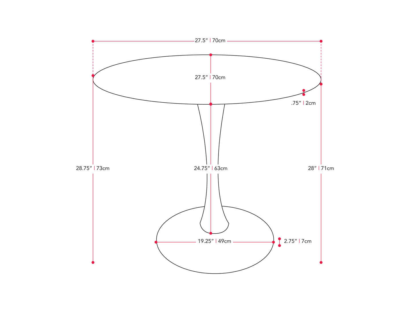 Round bistro dining table, 28 inches, brown wood top, black metal base, modern design.