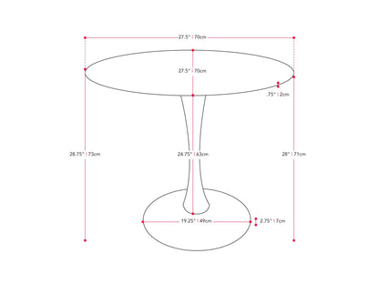 Round bistro dining table, 28 inches, brown wood top, black metal base, modern design.