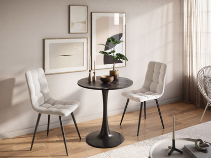 Black marble round bistro table with sleek metal legs, 28-inch modern dining table for small spaces.