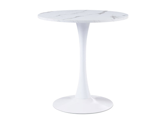 Round white marble bistro table, 28-inch, elegant dining furniture with sturdy black metal base