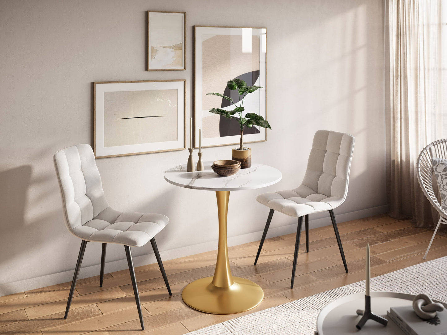 Round bistro table with grey marble top and gold base, elegant dining furniture for modern interiors.