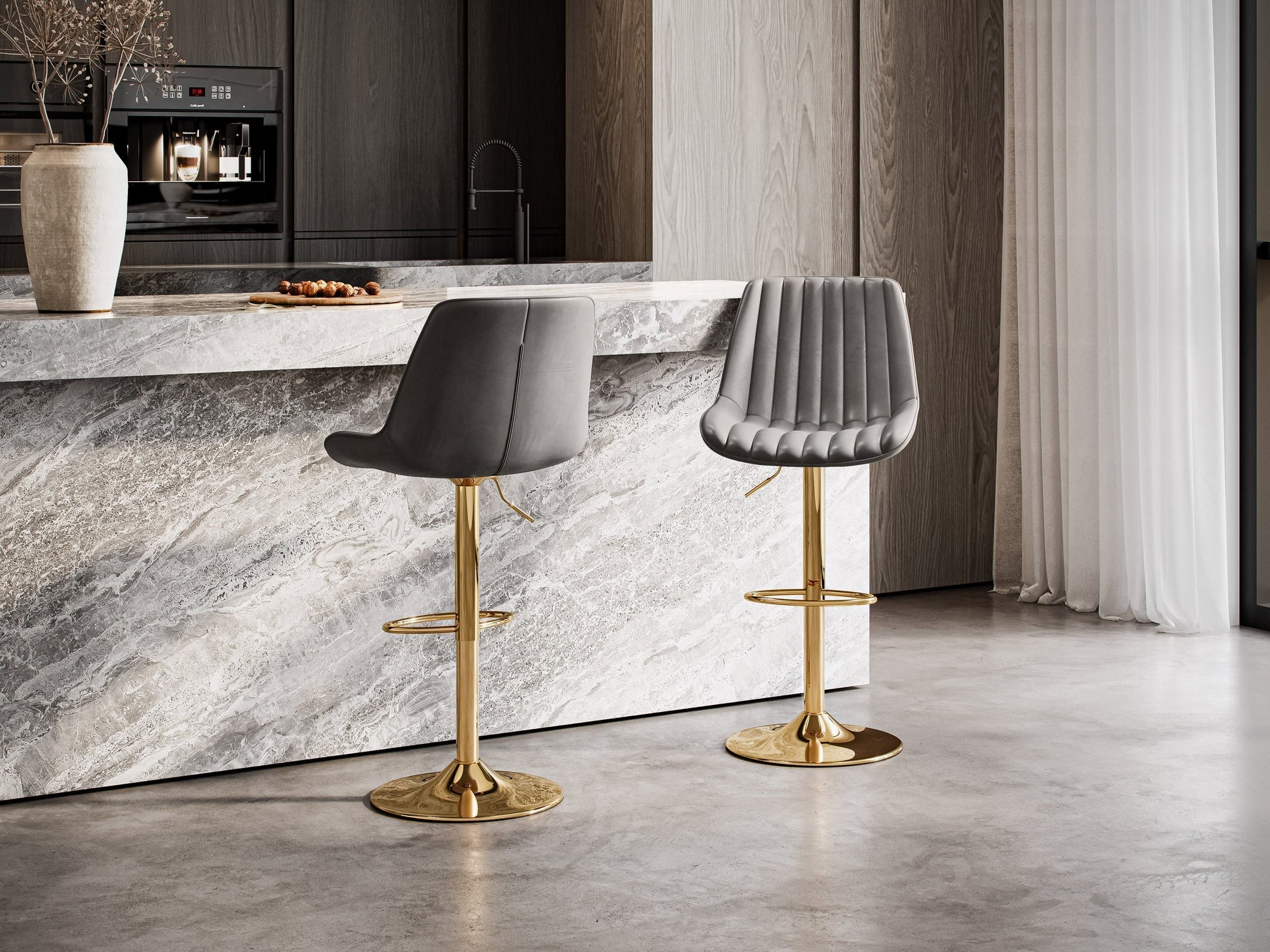 Gold adjustable bar stools, set of 2, with grey cushioned seats and sleek modern design for kitchen or bar area.