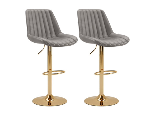 Gold adjustable bar stools, grey cushions, set of 2, modern design with footrest.