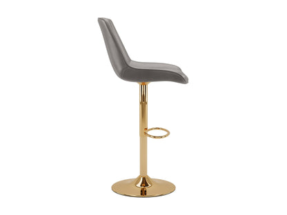 Gold adjustable bar stools, set of 2, with grey upholstered seats and sleek modern design.