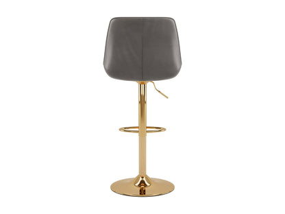 Adjustable gold bar stools set, grey fabric seats, sleek modern design, perfect for kitchen or bar areas.