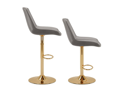 Gold adjustable bar stools, set of 2, with grey cushioned seats and sleek modern design.