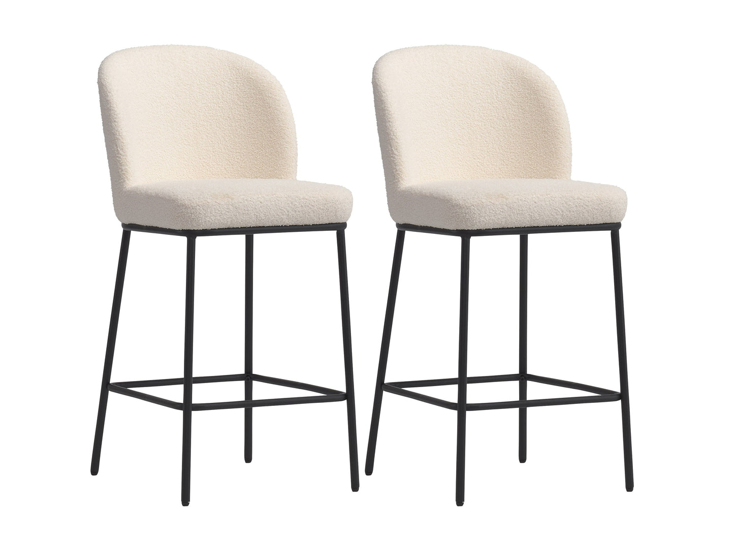 White boucle bar stools set of 2 with gold metal legs, plush textured fabric, and modern design.