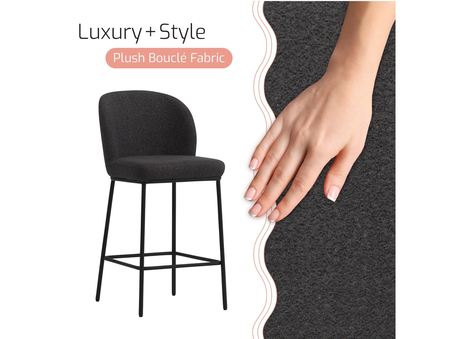 Grey boucle bar stools set of 2 with gold metal legs, modern design, comfortable cushioned seats, luxury furniture.