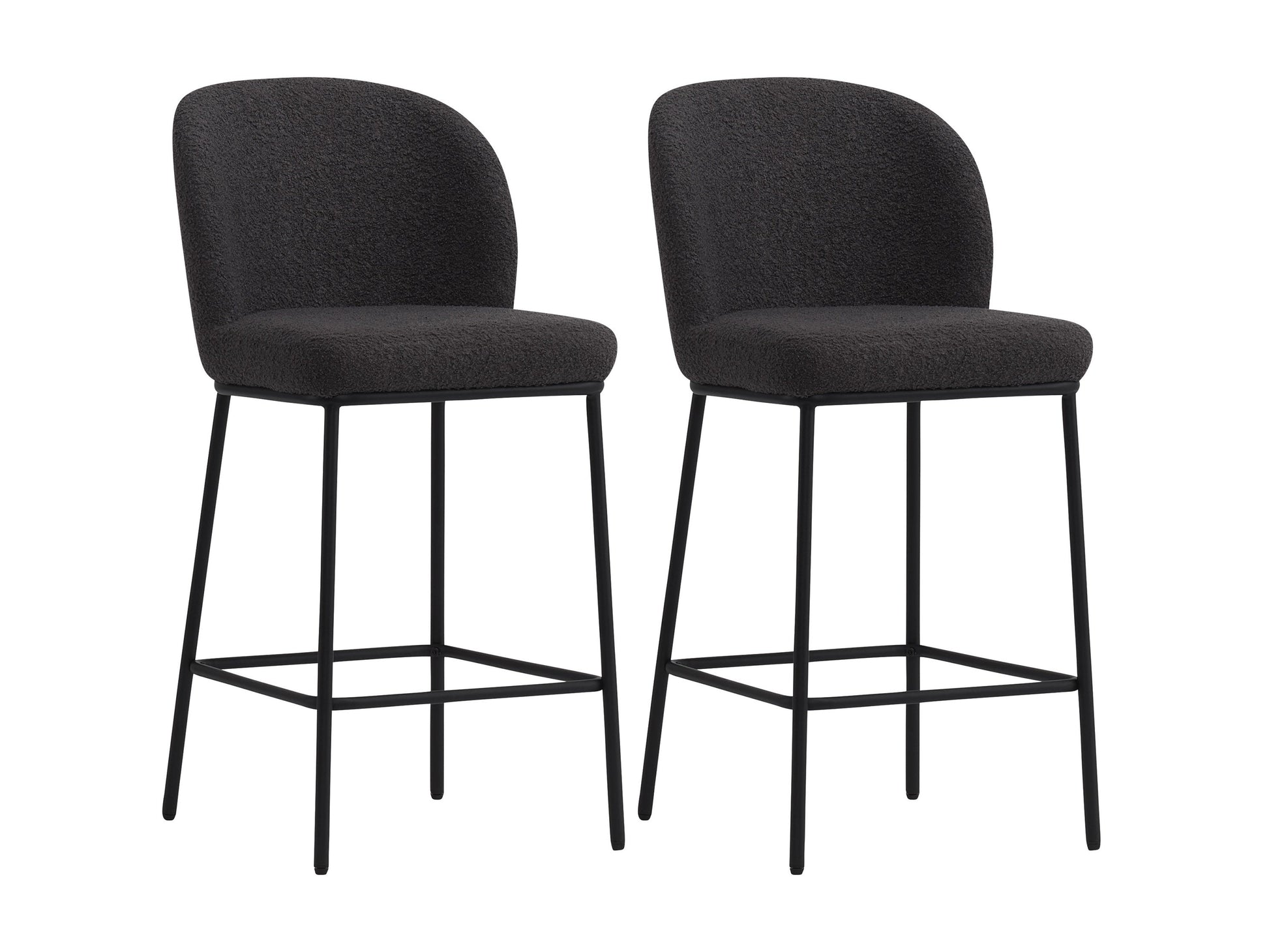 Grey boucle bar stools set of 2, luxury design, wooden legs, and plush fabric upholstery.