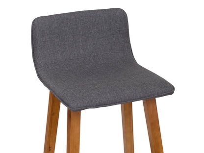 Set of 2 wooden bar stools with grey fabric seats, sleek design, and sturdy legs.