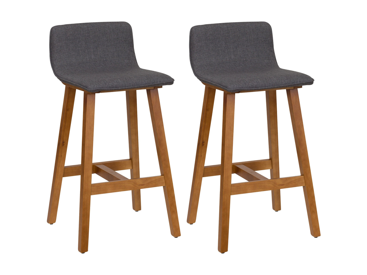 Set of 2 grey wooden bar stools with cushioned seats and sleek design.