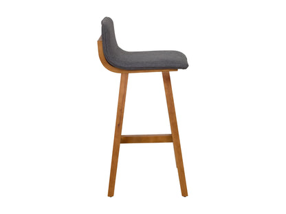 Set of 2 grey wooden bar stools with cushioned seats and sleek design for modern kitchen or bar areas