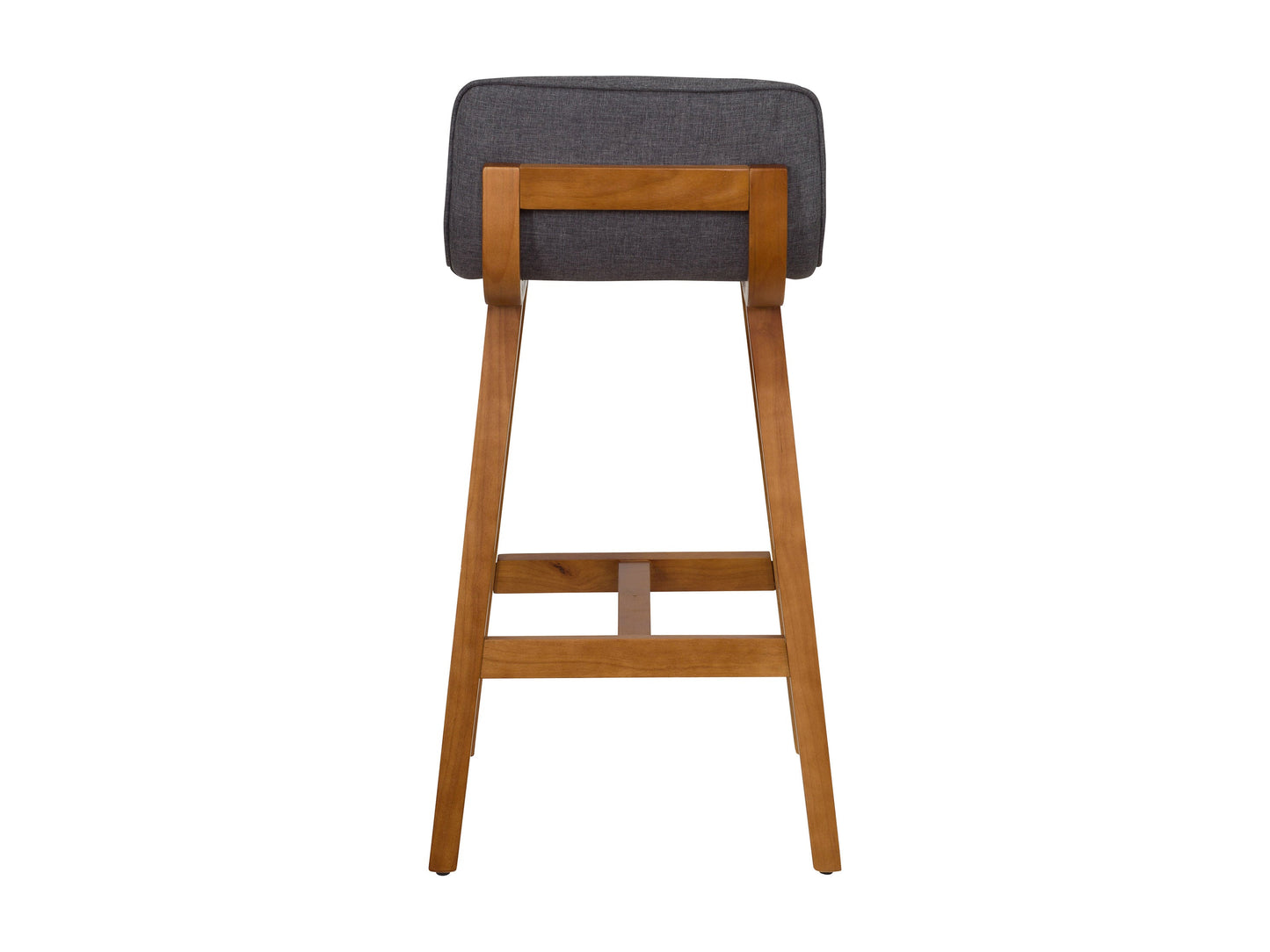 Set of 2 grey wooden bar stools with cushioned seats and sleek design.