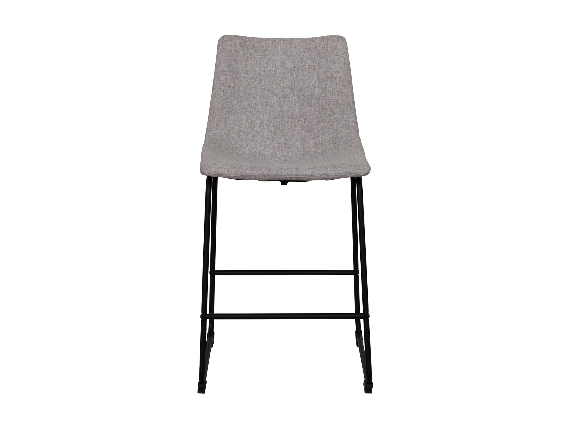 Light grey upholstered bar stool with wooden legs, tufted backrest, and modern design.