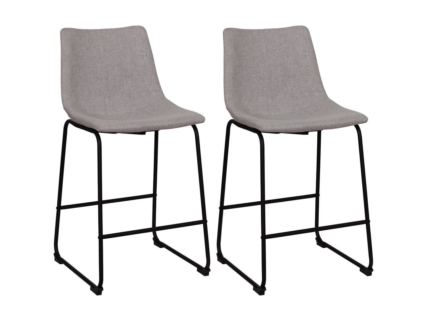 Light grey upholstered bar stool with cushioned seat, wooden legs, and contemporary design.