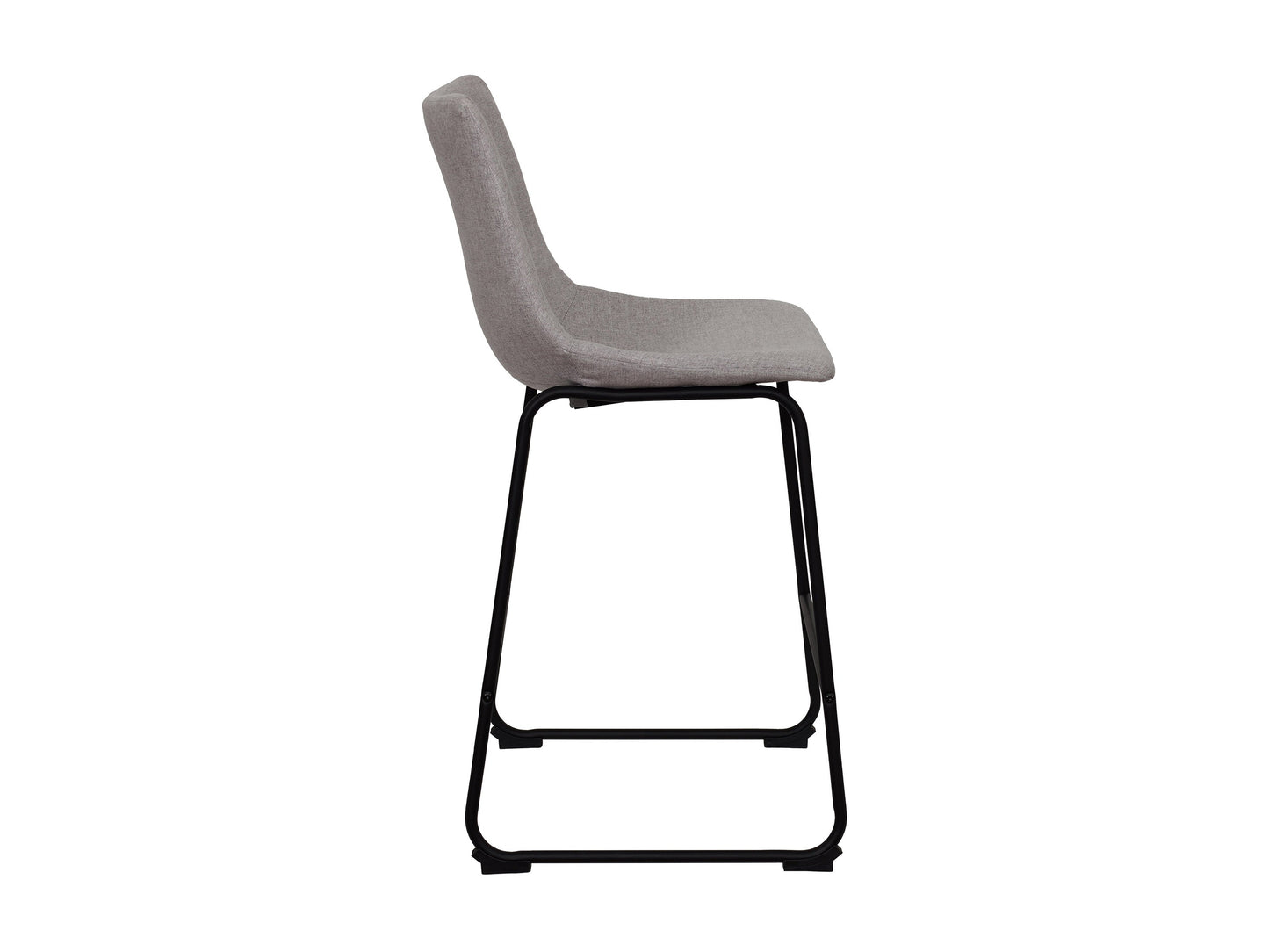 Light grey upholstered bar stool with cushioned seat, wooden legs, and modern design.