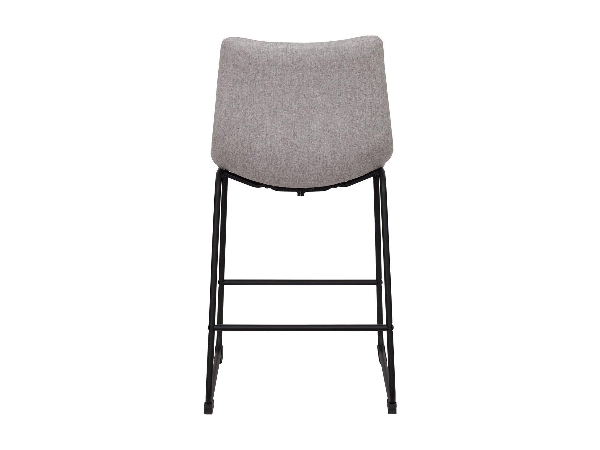 Light grey upholstered bar stool with wooden legs, curved backrest, and modern design.