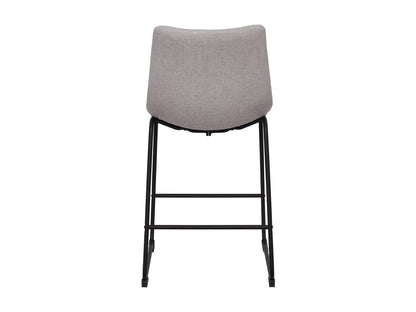 Light grey upholstered bar stool with wooden legs, curved backrest, and modern design.