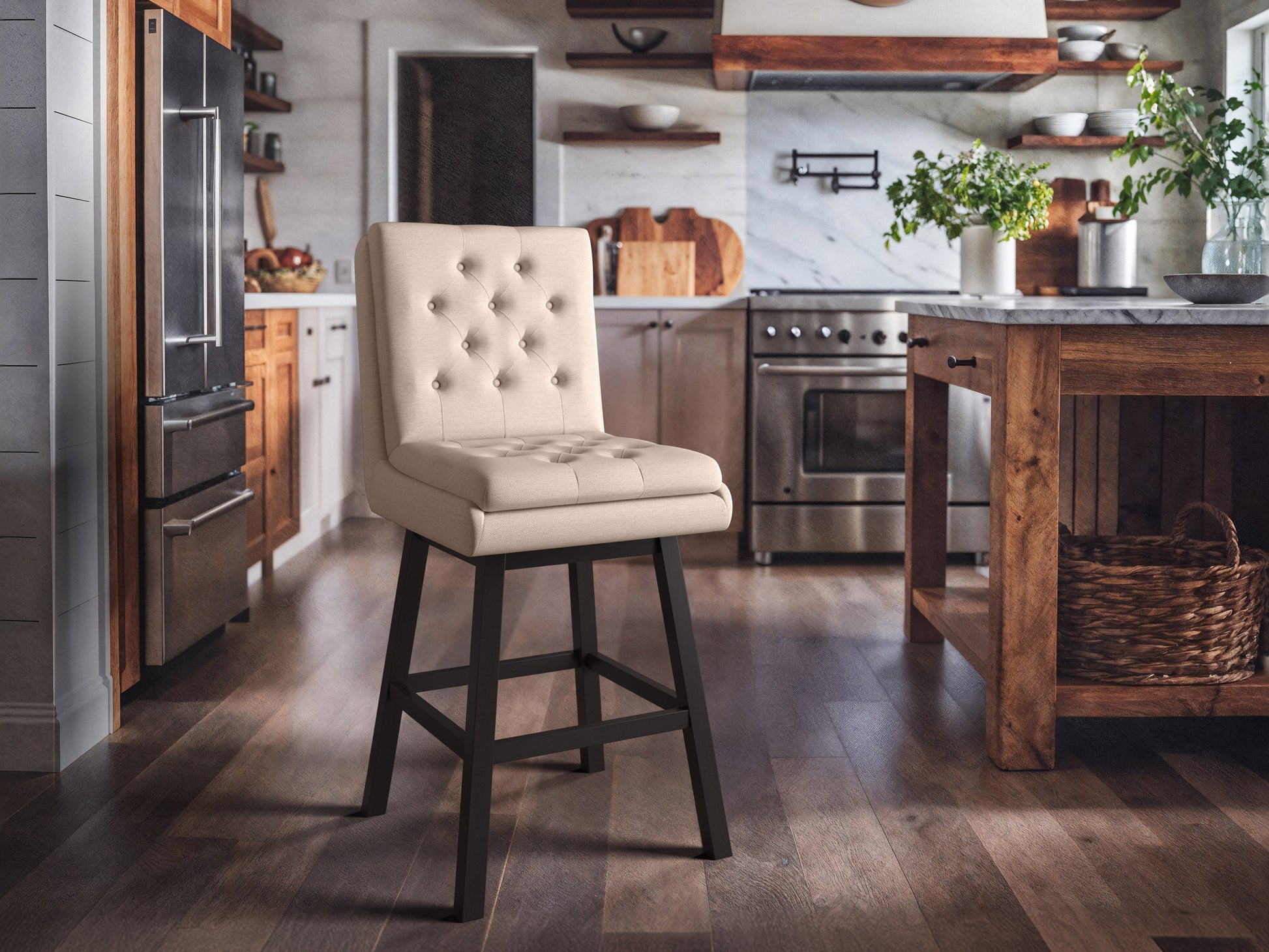 Beige button tufted bar stool with wooden legs and padded seat, perfect for modern kitchen or home bar.