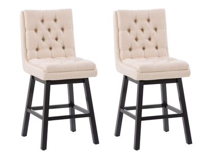 Beige button tufted bar stool with wooden legs and cushioned seat, elegant design for modern kitchens and home bars.