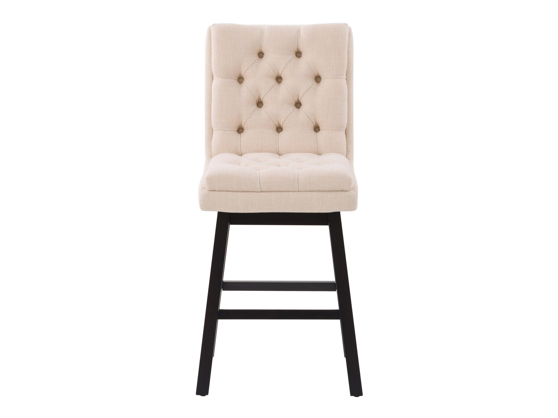 Beige button-tufted bar stool with wooden legs and padded seat, perfect for modern kitchen or home bar decor.