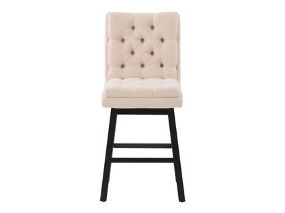 Beige button-tufted bar stool with wooden legs and padded seat, perfect for modern kitchen or home bar decor.