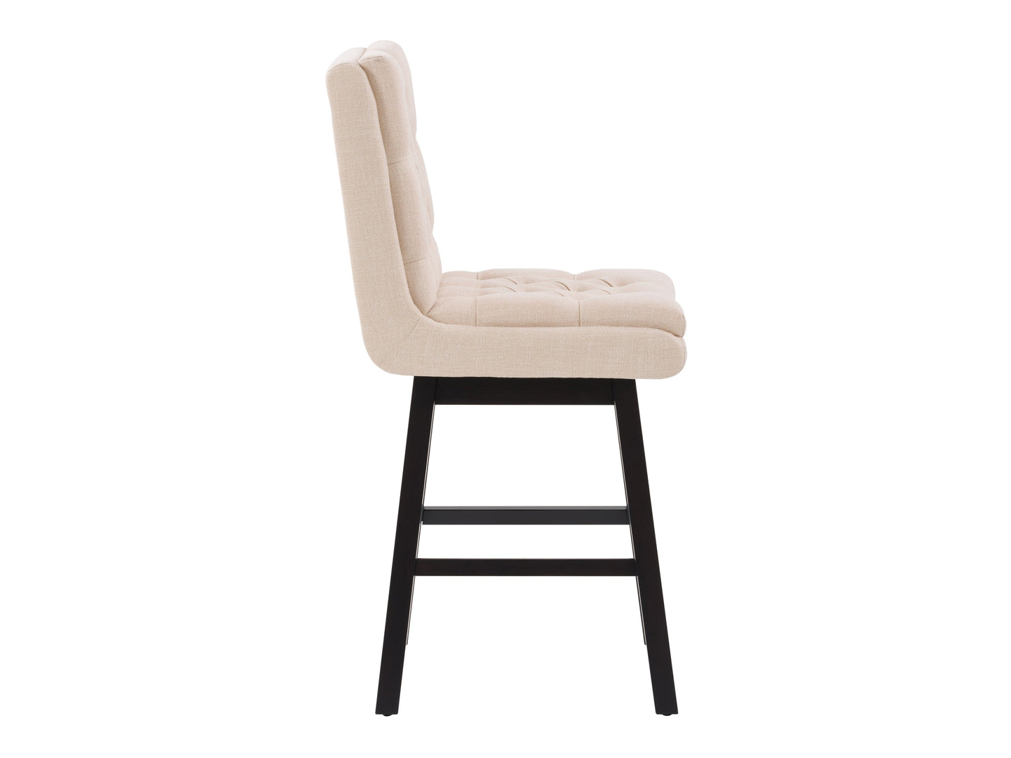 Beige button tufted bar stools with wooden legs and padded seats, elegant design for modern kitchens and bars.