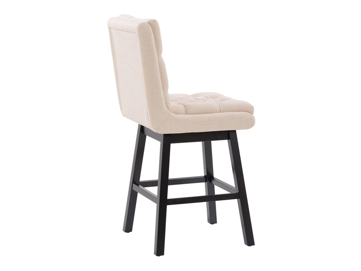 Beige button tufted bar stool with wooden legs and a padded seat for modern kitchen or bar areas.