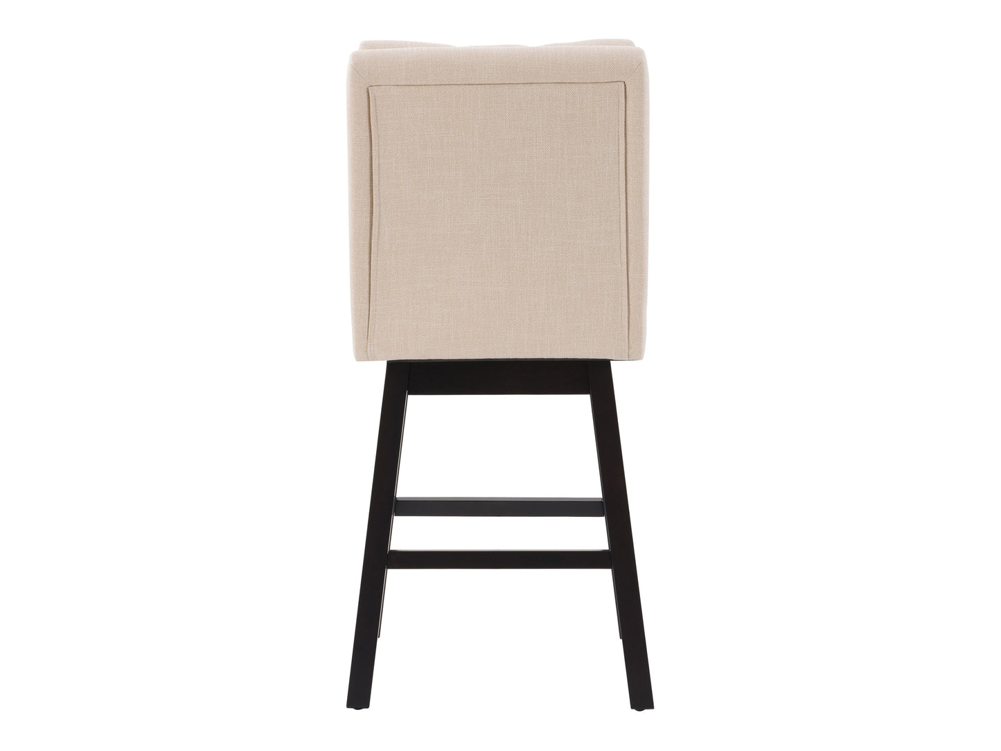 Beige button tufted bar stool with wooden legs and cushioned seat, elegant and comfortable design.