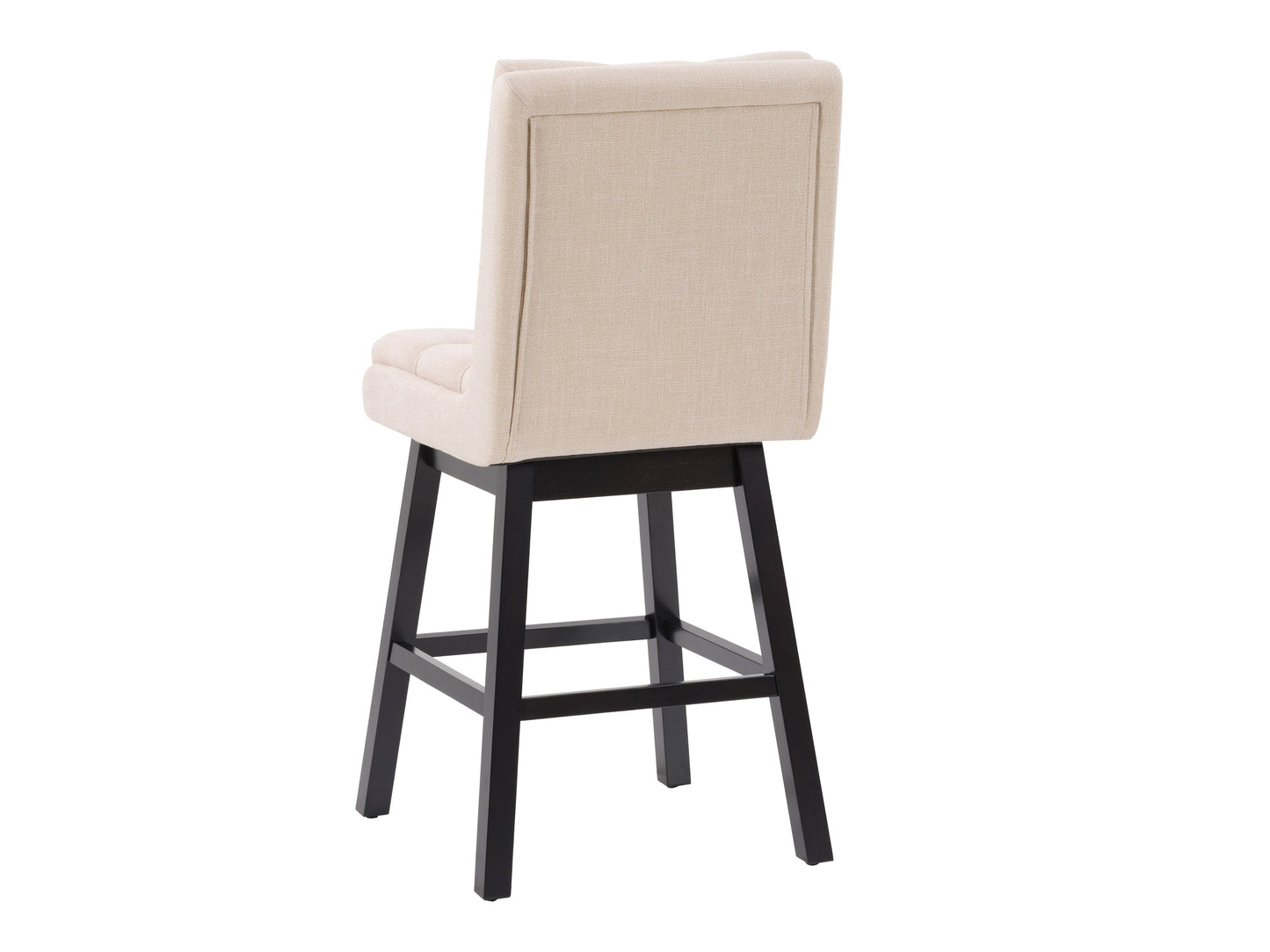 Beige button-tufted bar stool with wooden legs and a padded seat for kitchen or home bar.