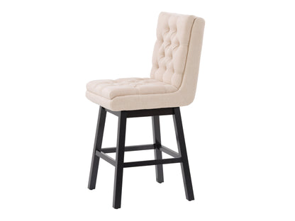 Beige button-tufted bar stool with wooden legs and padded seat.