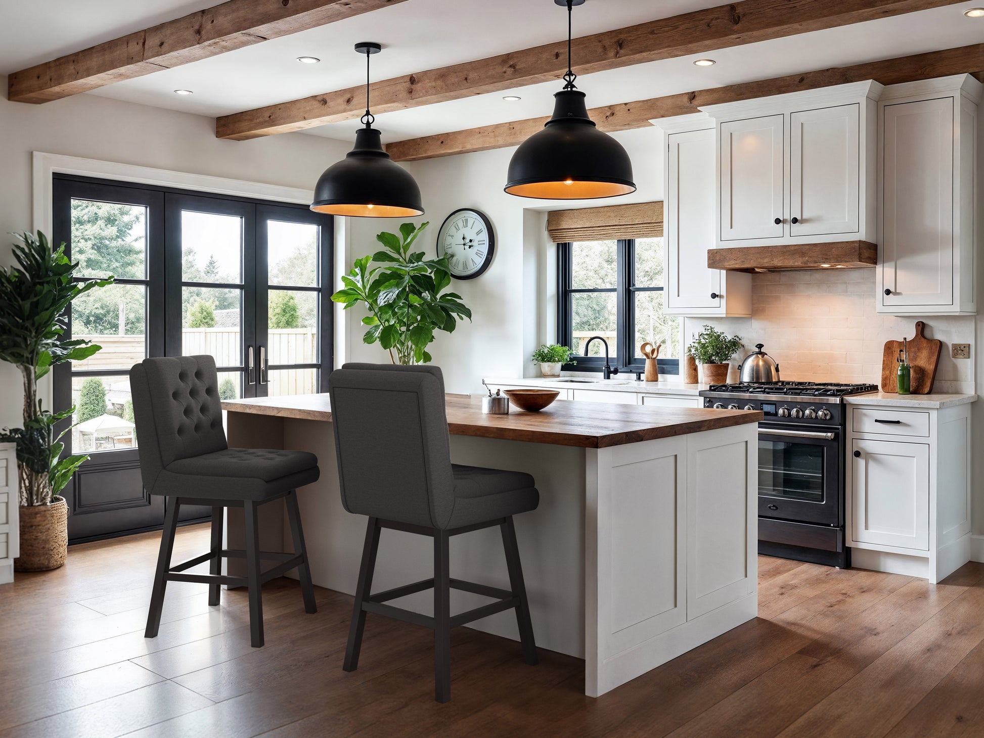 Dark grey button tufted bar stools with wooden legs and cushioned seats, perfect for modern kitchen islands or home bars.