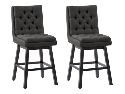 Dark grey button tufted bar stool with wooden legs and cushioned seat, perfect for modern kitchen or home bar.