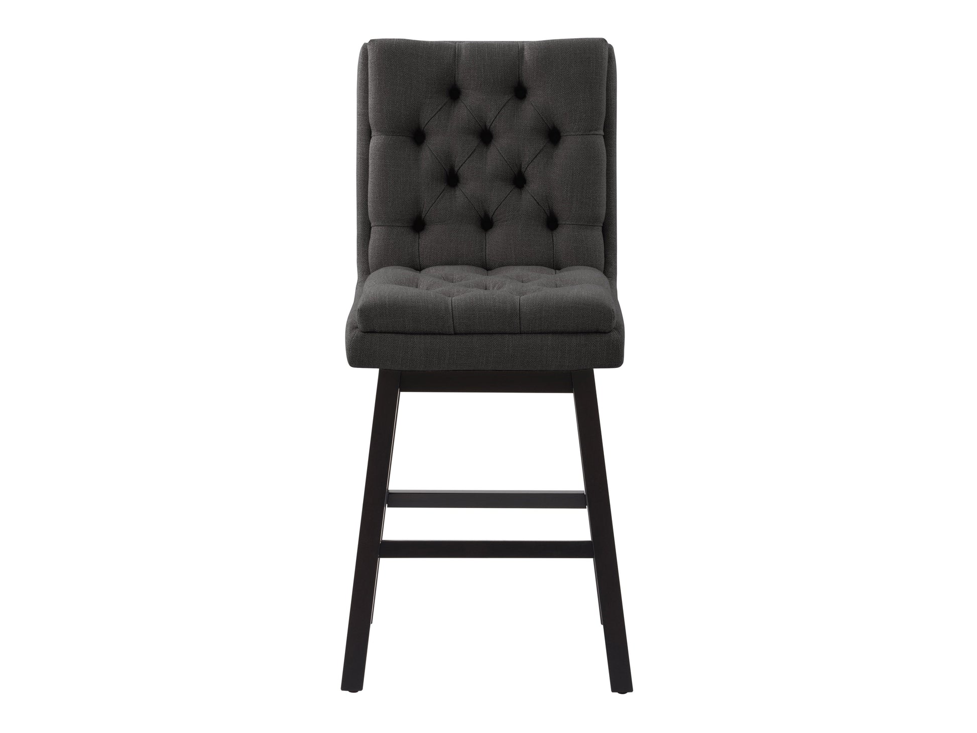 Dark grey button-tufted bar stools with wooden legs, upholstered fabric, and a modern design.