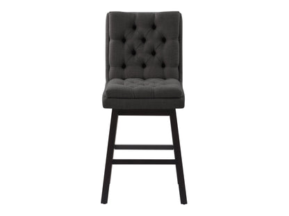 Dark grey button-tufted bar stools with wooden legs, upholstered fabric, and a modern design.