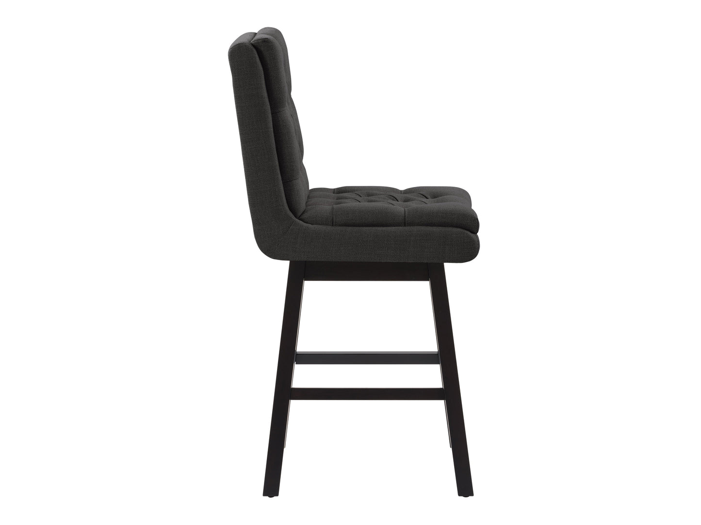 Dark grey button tufted bar stool with wooden legs and cushioned seat, modern design.