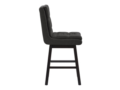 Dark grey button tufted bar stool with wooden legs and cushioned seat, modern design.