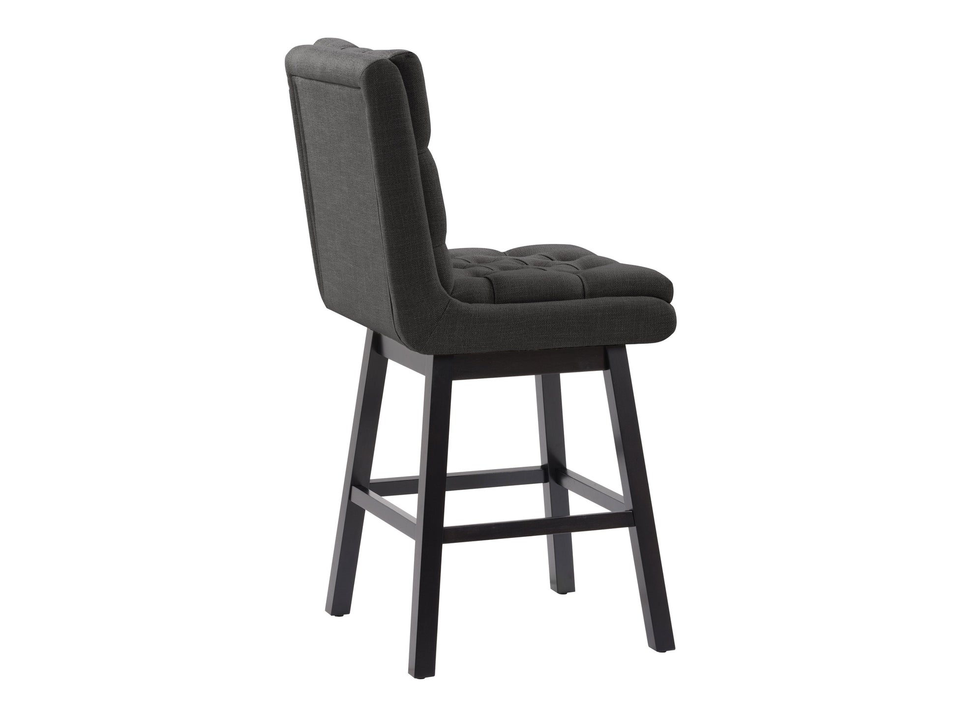 Dark grey button-tufted bar stool with wooden legs and cushioned seat, modern design.