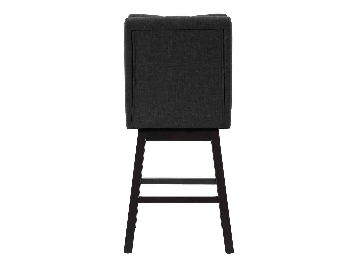 Dark grey button-tufted bar stool with wooden legs and cushioned seat, perfect for modern kitchens and home bars.