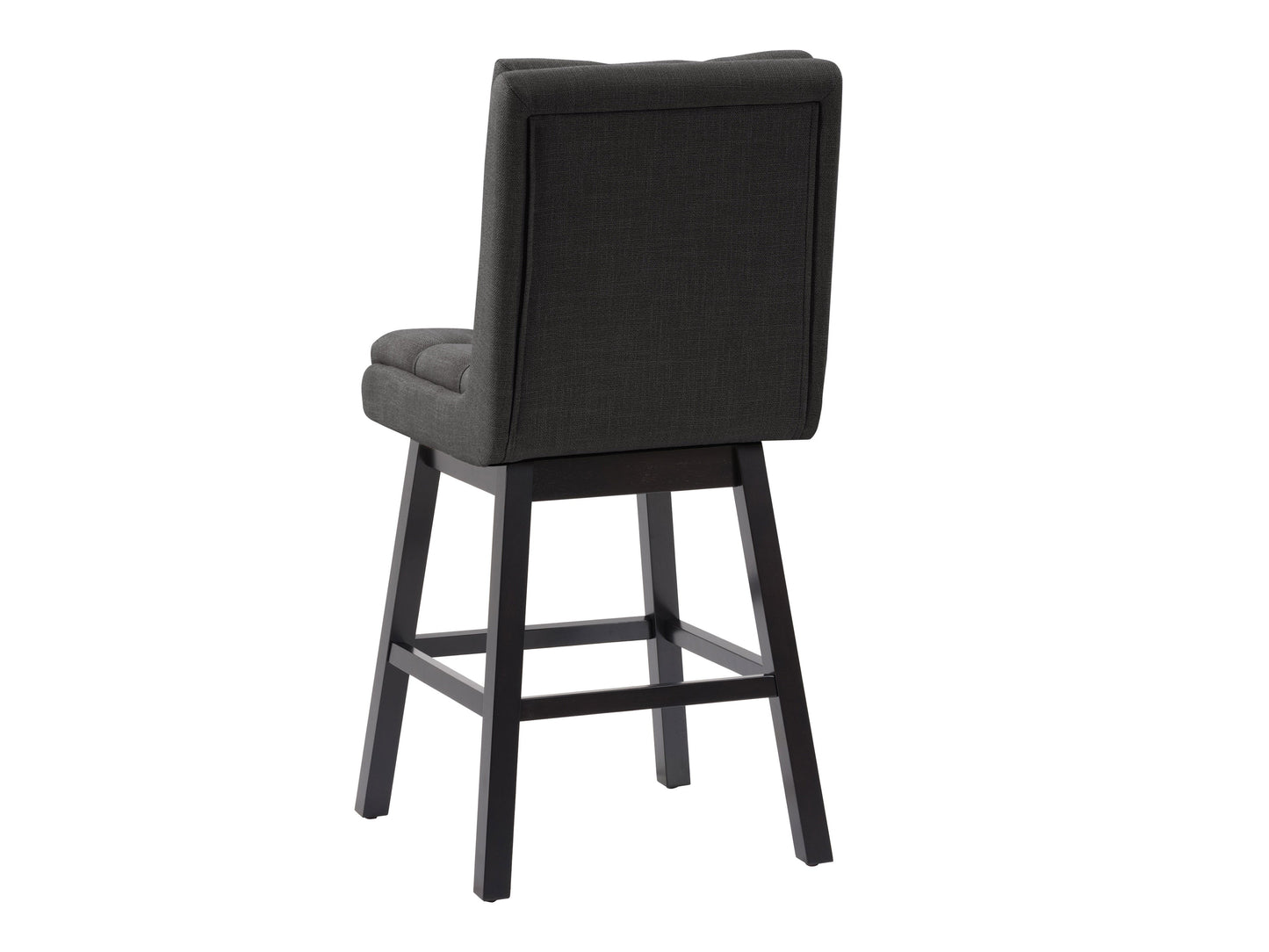 Dark grey button-tufted bar stool with wooden legs and padded fabric seat.