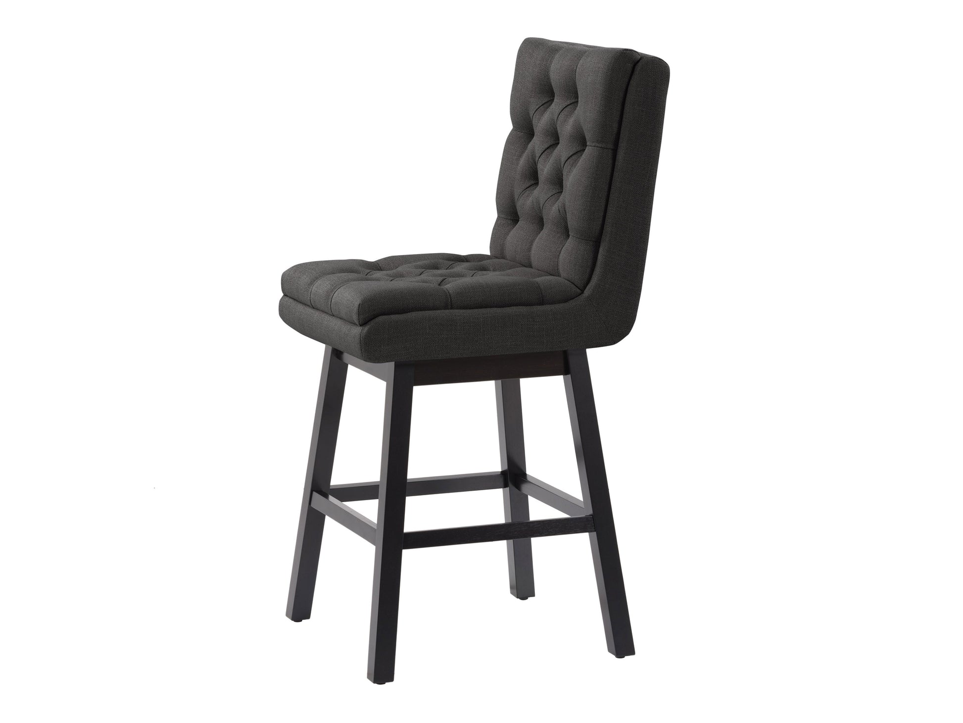 Dark grey button tufted bar stools with wooden legs and padded seats, perfect for modern kitchen islands or home bars.