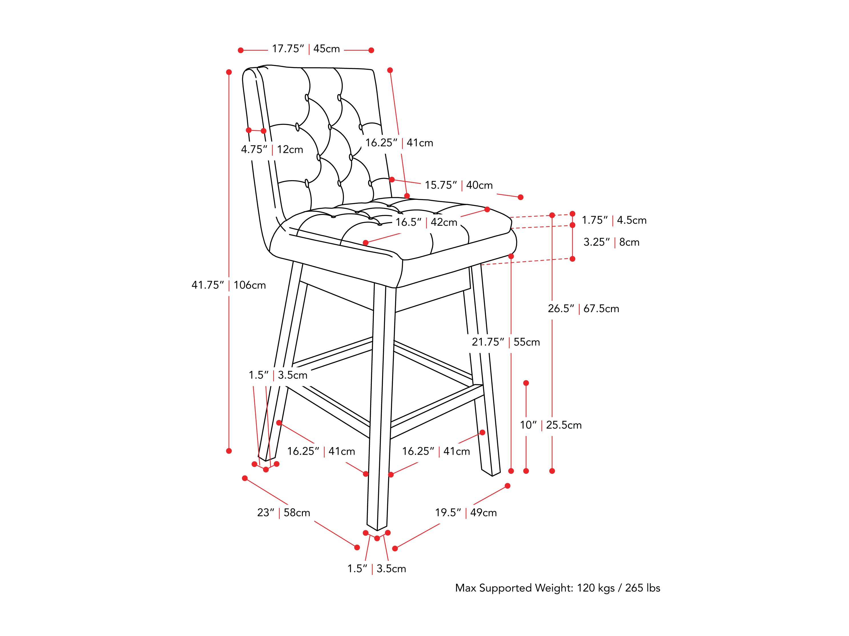 Blue button-tufted bar stool with wooden legs, padded seat, and backrest.